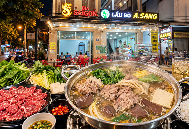 Quán Lẩu Bò A Sang Bắc Nha Trang, Quán Lẩu Bình Dân, Topping Nhiều