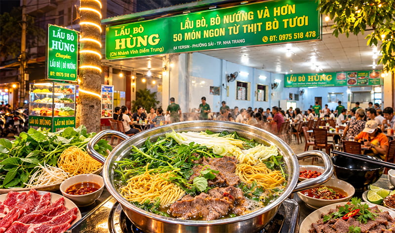 Quán Lẩu Bò Hùng Yersin Nha Trang, Nổi Tiếng Bình Dân Đặt Bàn Ngay